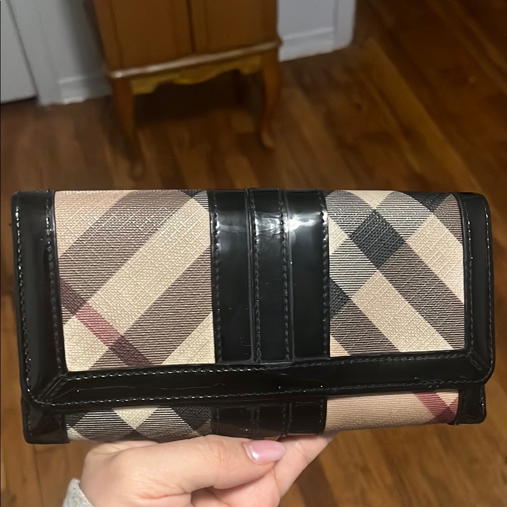 Burberry Black and Tan Wallet with Plaid Design